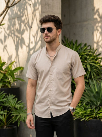 Men's Beige Cotton Shirt – Mandarin Collar