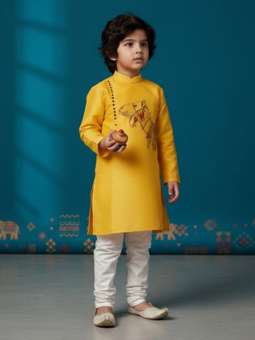Boys' Yellow Art Silk Kurta Set – Ethnic Print