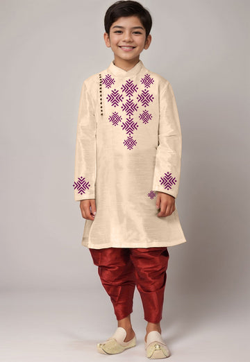 Boys' Beige Dupion Silk Kurta & Dhoti Set – Floral Print