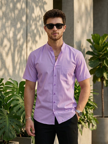 Men's Purple Cotton Shirt – Mandarin Collar