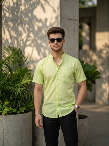 Men's Green Cotton Shirt – Mandarin Collar