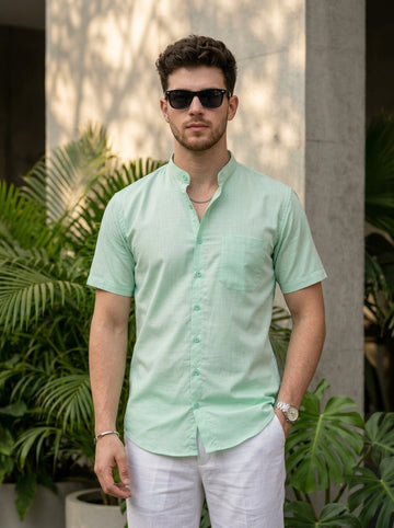 Men's Green Cotton Shirt – Mandarin Collar