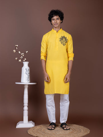 Men's Yellow Cotton Kurta Set – Lord Ganesha Print