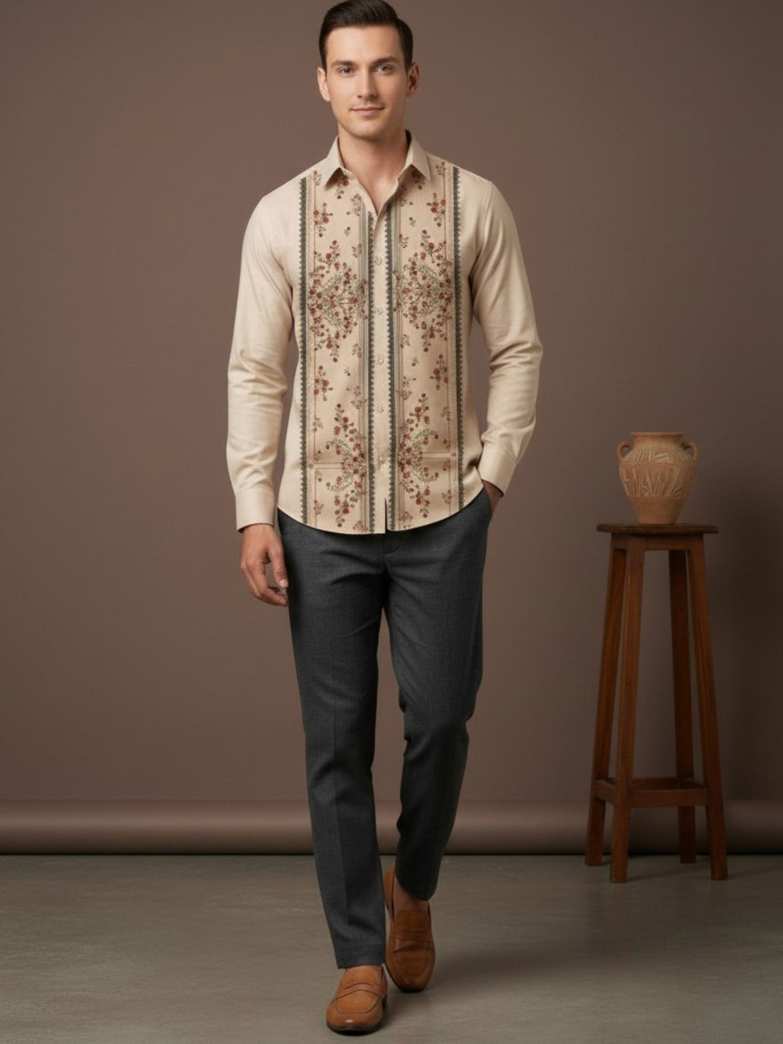 Men's Beige Cotton Shirt – Ethnic Print