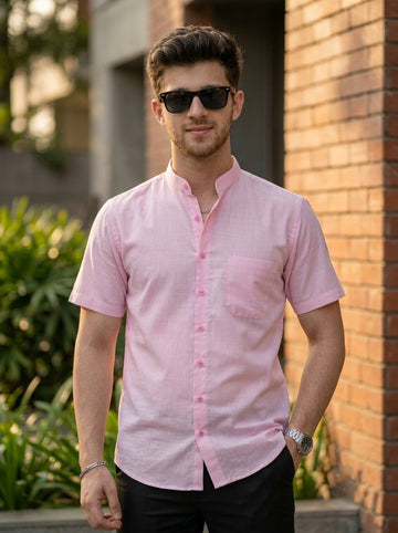 Men's Pink Cotton Shirt – Mandarin Collar
