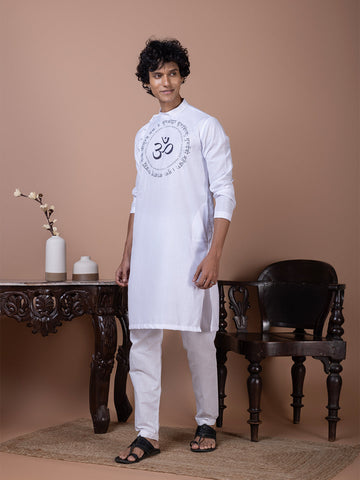Men's White Cotton Kurta Set – Ethnic Print & Side Placket