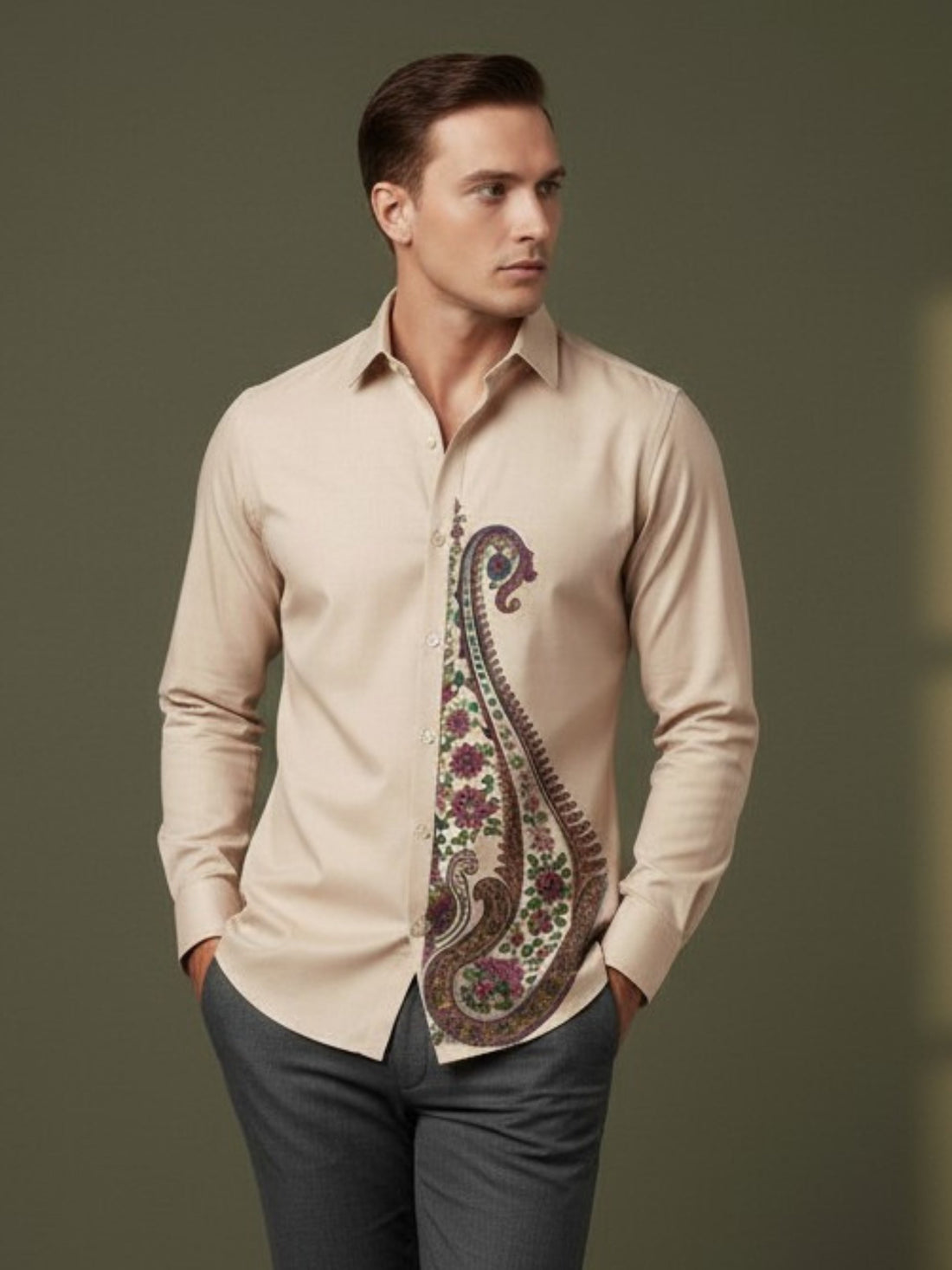 Men's Beige Cotton Shirt – Ethnic Print