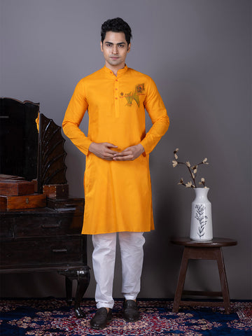 Men's Orange Cotton Kurta Set – Ethnic Print