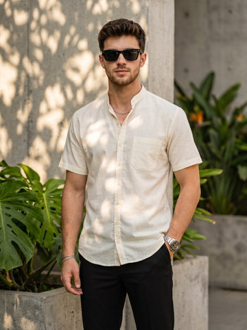 Men's Beige Cotton Shirt – Mandarin Collar