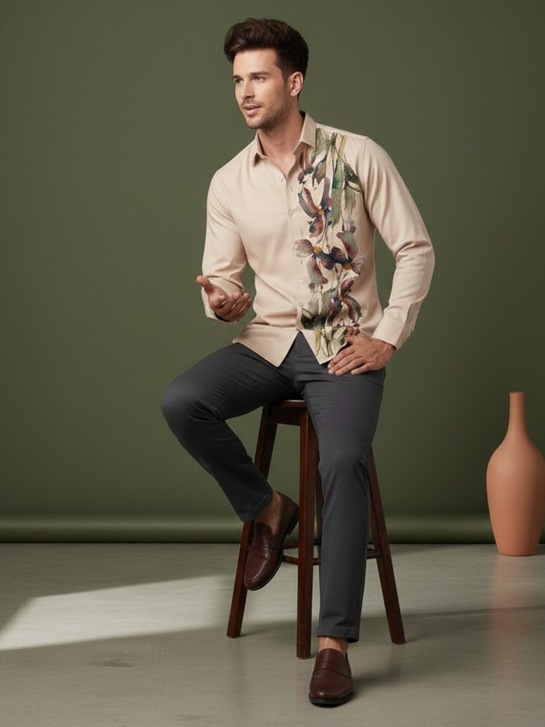 Men's Beige Cotton Shirt – Ethnic Print