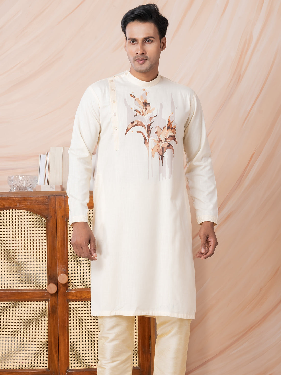 Men's Beige Cotton Kurta Set – Ethnic Print & Side Placket