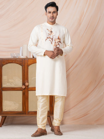 Men's Beige Cotton Kurta Set – Ethnic Print & Side Placket