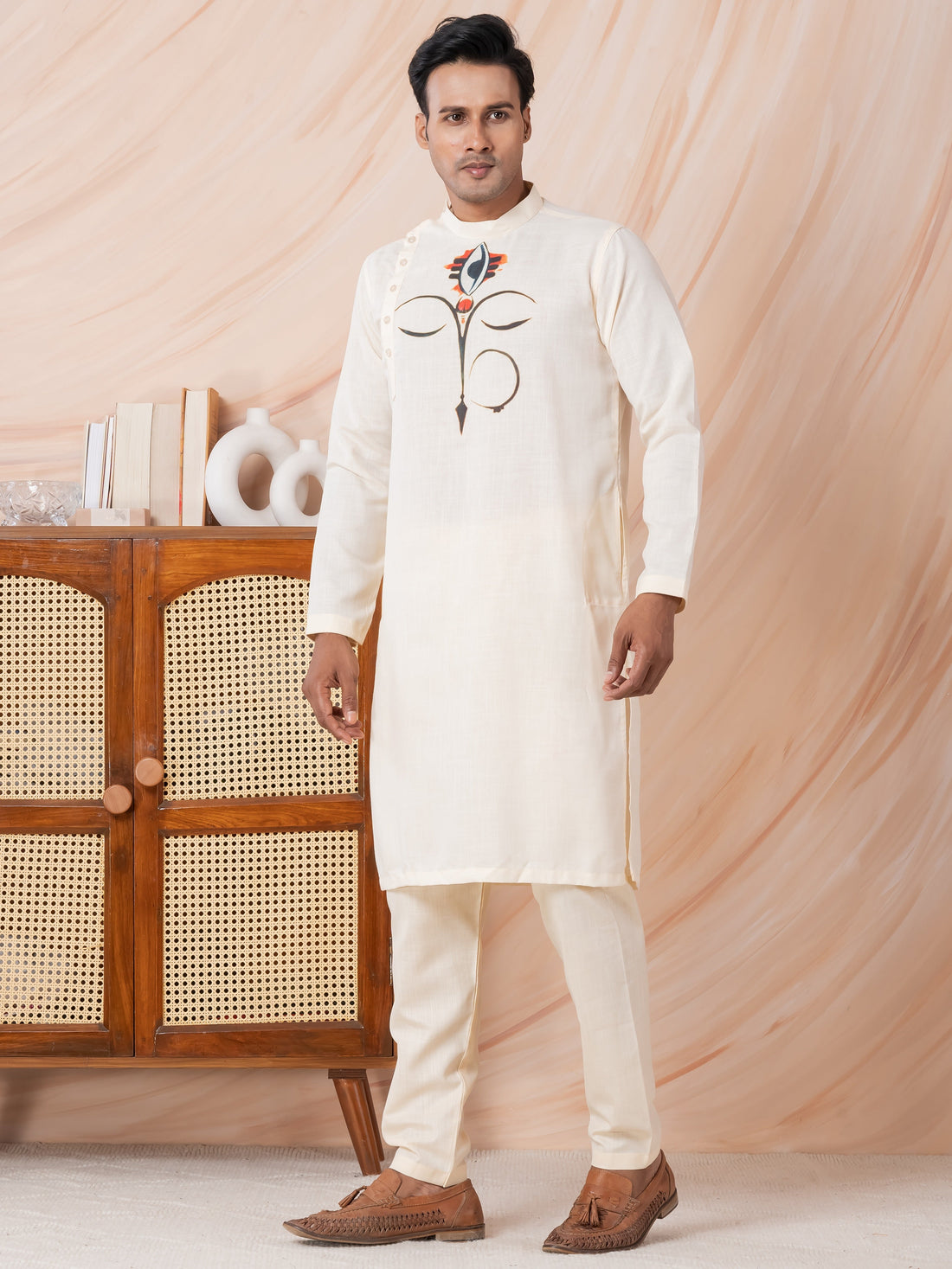 Men's Beige Cotton Kurta Set – Ethnic Print & Side Placket
