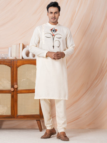 Men's Beige Cotton Kurta Set – Ethnic Print & Side Placket