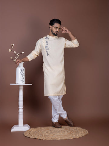 Men's Beige Cotton Kurta Set – Ethnic Print & Side Placket