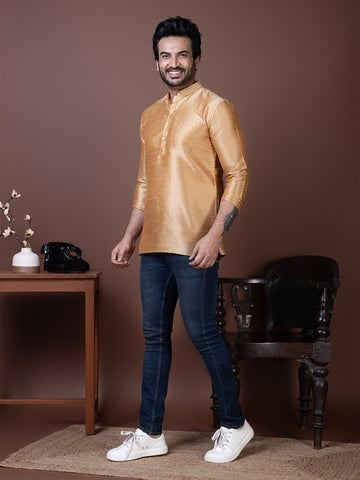 Men's Beige Art Silk Short Kurta – Solid
