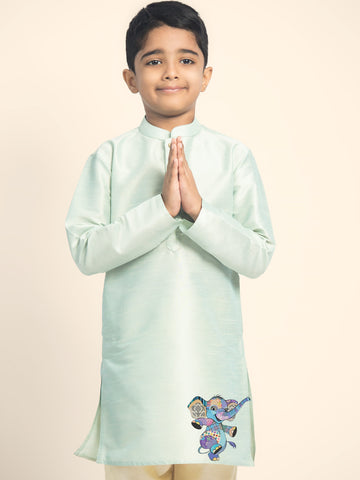 Boys' Green Dupion Silk Kurta & Beige Pyjama Set – Printed