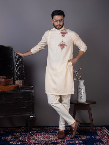 Men's Beige Cotton Kurta Set – Ethnic Print & Side Placket