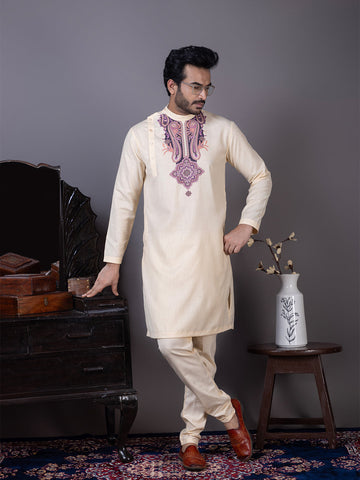 Men's Beige Cotton Kurta Set – Ethnic Print & Side Placket
