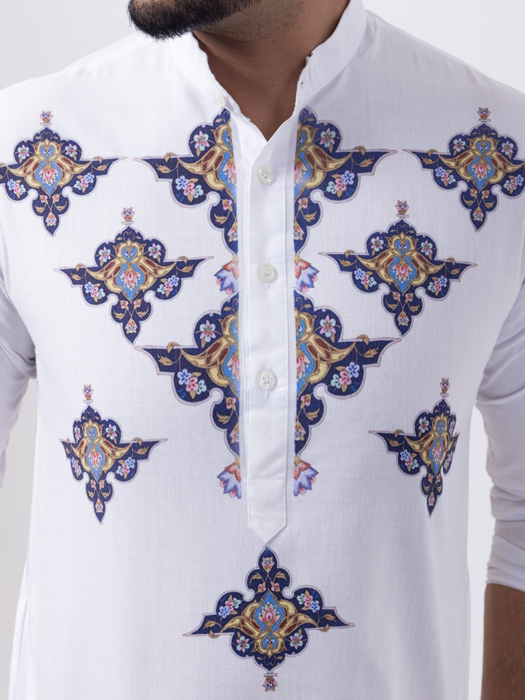 Men's White Cotton Kurta Set – Ethnic Print