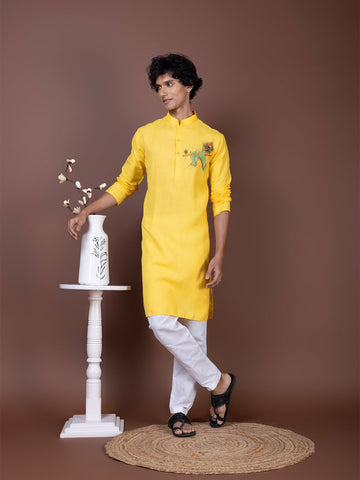Men's Yellow Cotton Kurta Set – Lord Krishna Print