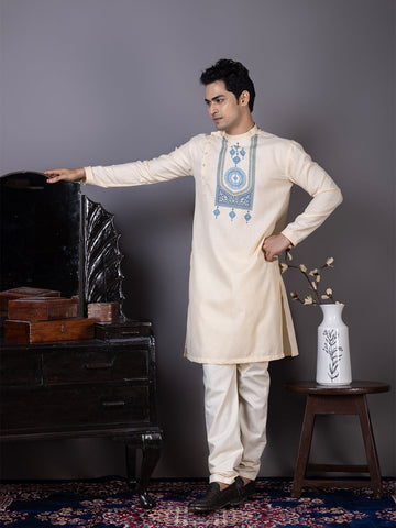 Men's Beige Cotton Kurta Set – Ethnic Print & Side Placket