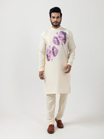 Men's Beige Cotton Kurta Set – Ethnic Print & Side Placket