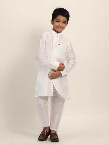 Boys' White Dupion Kurta & Pyjama Set – Asymmetric