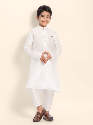 Boys' White Dupion Kurta & Pyjama Set – Asymmetric