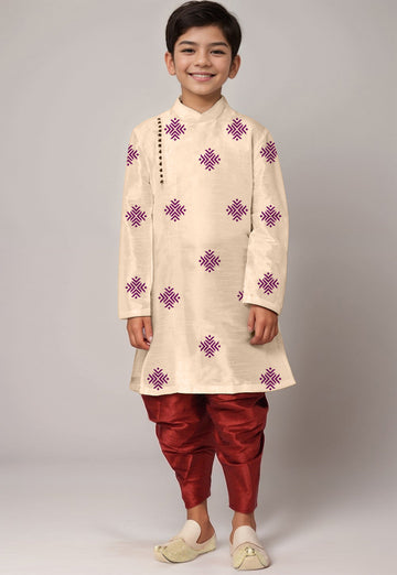 Boys' Beige Art Silk Kurta & Dhoti Set – Floral Print