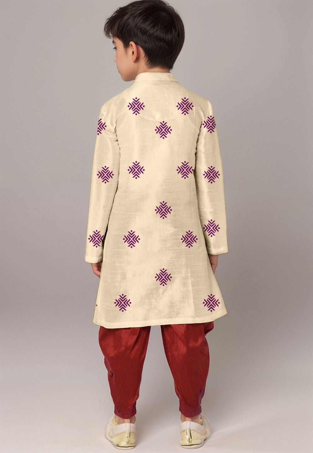 Boys' Beige Art Silk Kurta & Dhoti Set – Floral Print