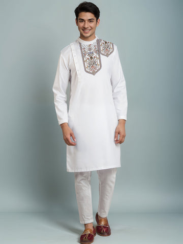 Men's White Cotton Kurta Set – Ethnic Print & Side Placket