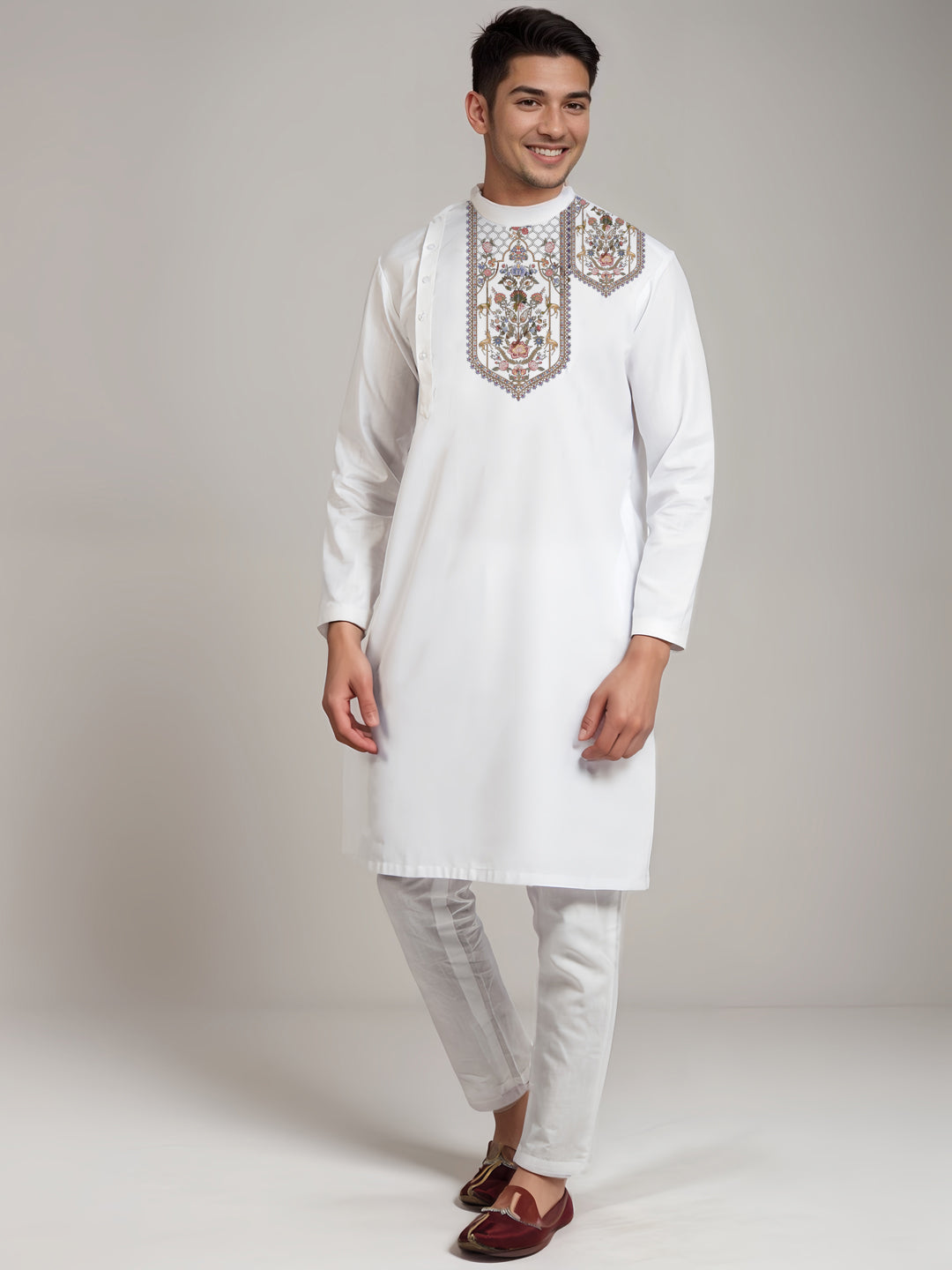 Men's White Cotton Kurta Set – Ethnic Print & Side Placket