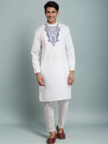 Men's White Cotton Kurta Set – Ethnic Print & Side Placket