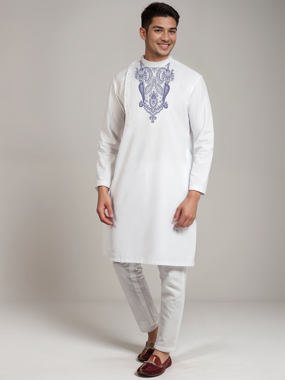 Men's White Cotton Kurta Set – Ethnic Print & Side Placket