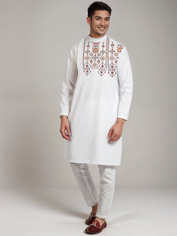 Men's White Cotton Kurta Set – Ethnic Print & Side Placket