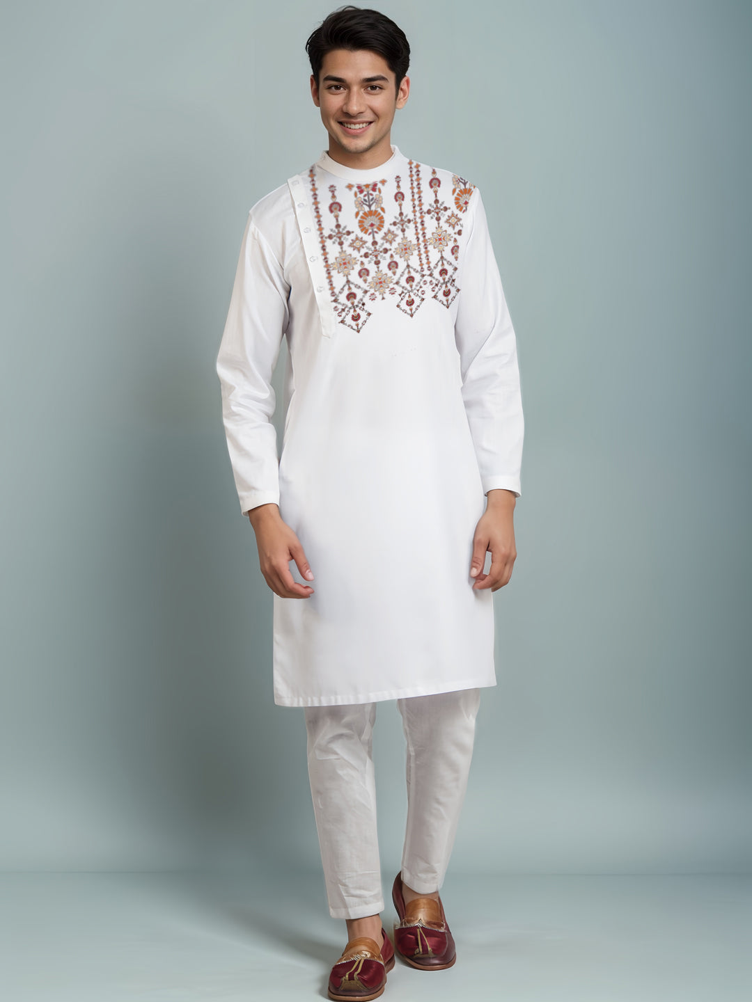 Men's White Cotton Kurta Set – Ethnic Print & Side Placket