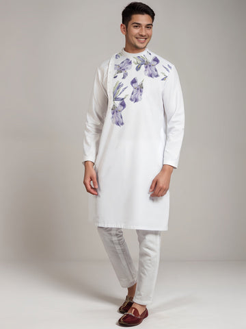 Men's White Cotton Kurta Set – Ethnic Print & Side Placket