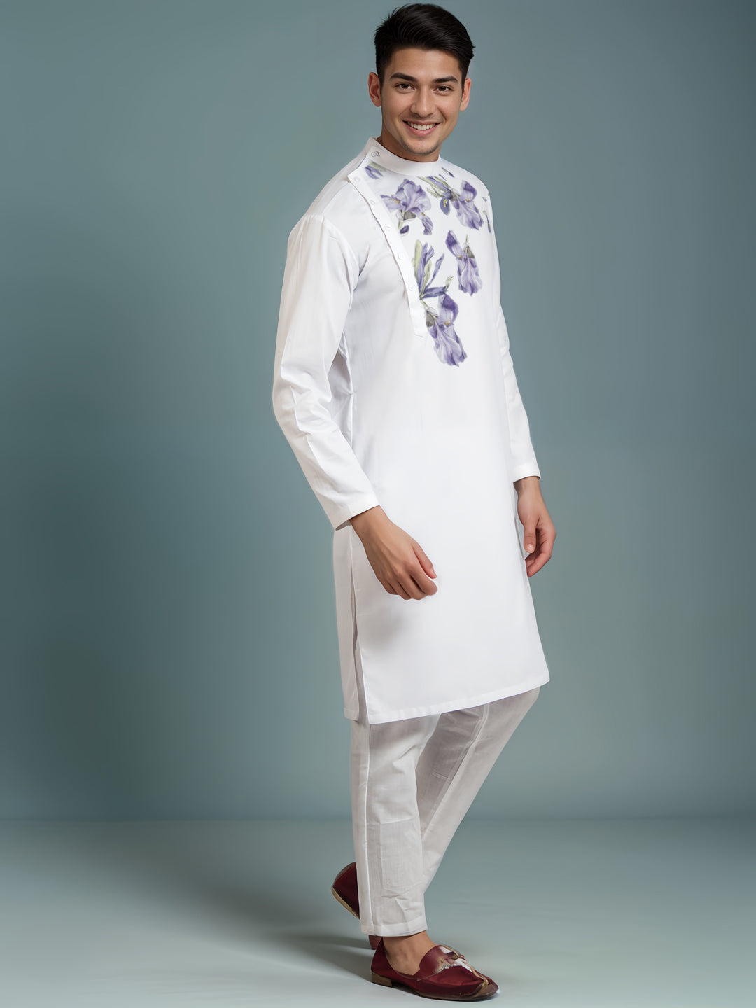 Men's White Cotton Kurta Set – Ethnic Print & Side Placket