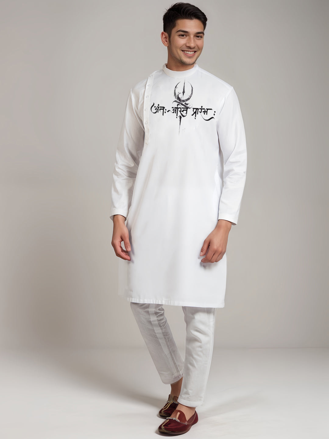 Men's White Cotton Kurta Set – Ethnic Print & Side Placket