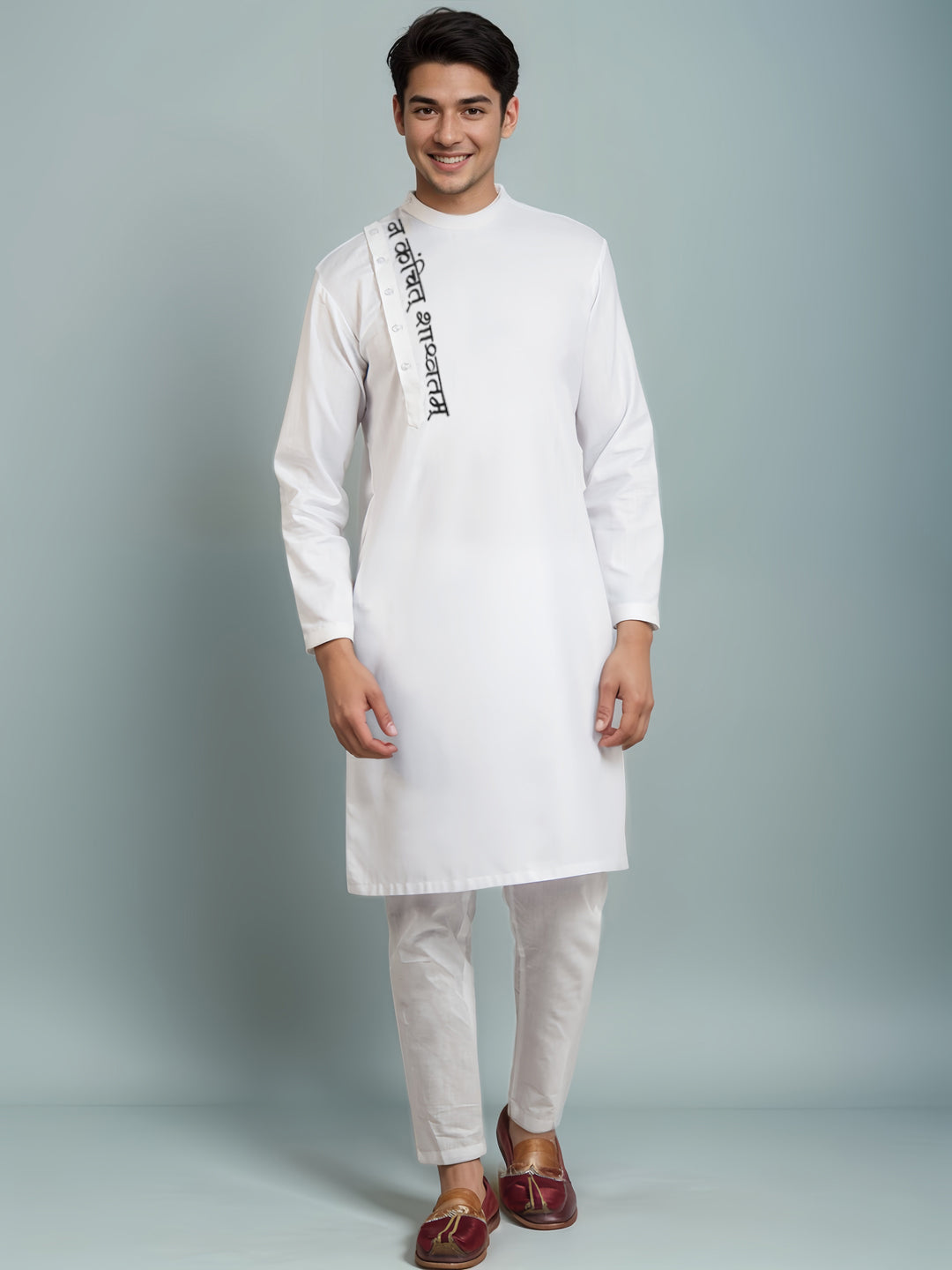Men's White Cotton Kurta Set – Ethnic Print & Side Placket