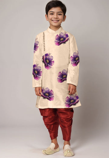 Boys' Beige Art Silk Kurta & Dhoti Set – Floral Print