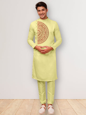 Men's Lime Green Cotton Kurta Set – Ethnic Print & Side Placket