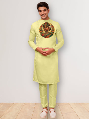 Men's Lime Green Cotton Kurta Set – Ethnic Print & Side Placket