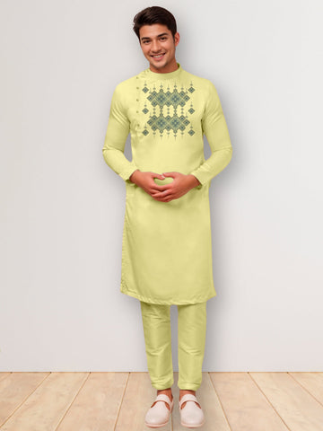 Men's Lime Green Cotton Kurta Set – Ethnic Print & Side Placket