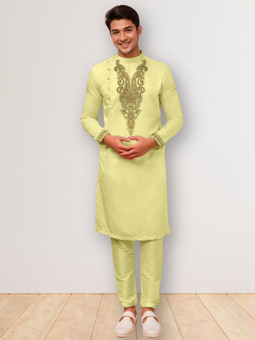 Men's Lime Green Cotton Kurta Set – Ethnic Print & Side Placket