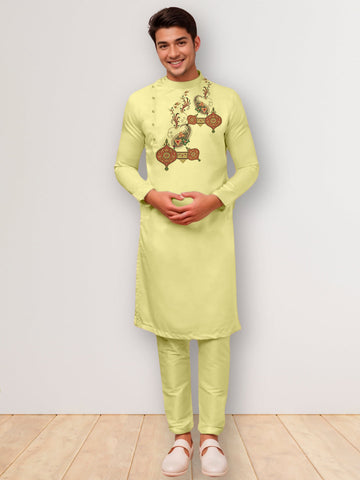 Men's Lime Green Cotton Kurta Set – Ethnic Print & Side Placket