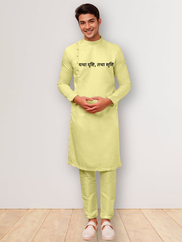 Men's Lime Green Cotton Kurta Set – Ethnic Print & Side Placket