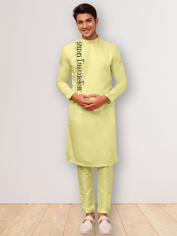 Men's Lime Green Cotton Kurta Set – Ethnic Print & Side Placket