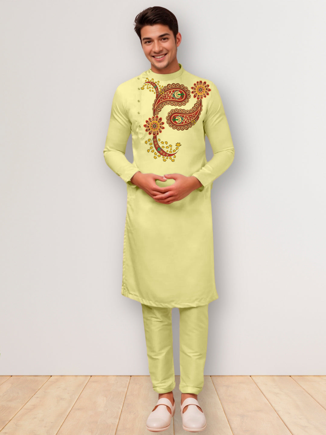 Men's Lime Green Cotton Kurta Set – Ethnic Print & Side Placket